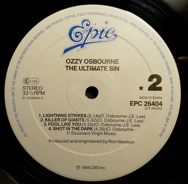 Ozzy Osbourne : The Ultimate Sin (LP, Album)