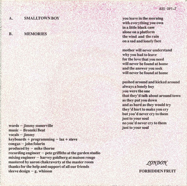 Bronski Beat : Smalltown Boy (7", Single)