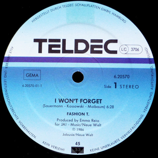 Fashion T. : I Won't Forget (12", Maxi)