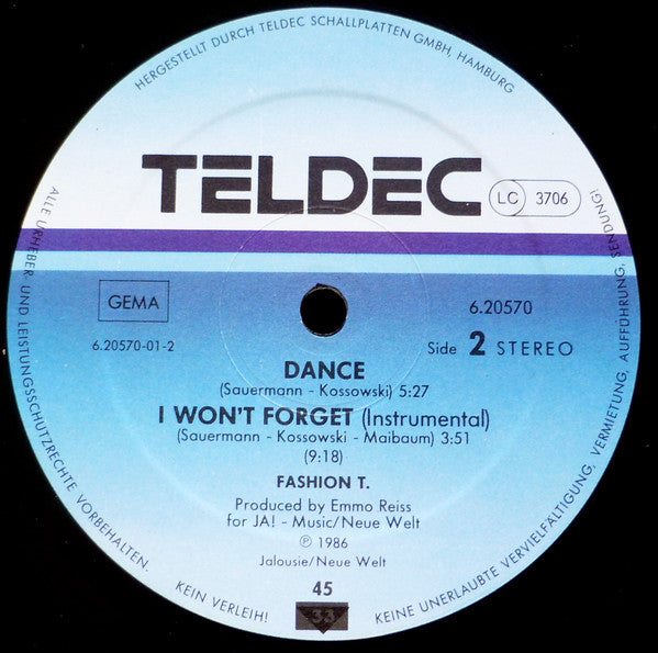 Fashion T. : I Won't Forget (12", Maxi)