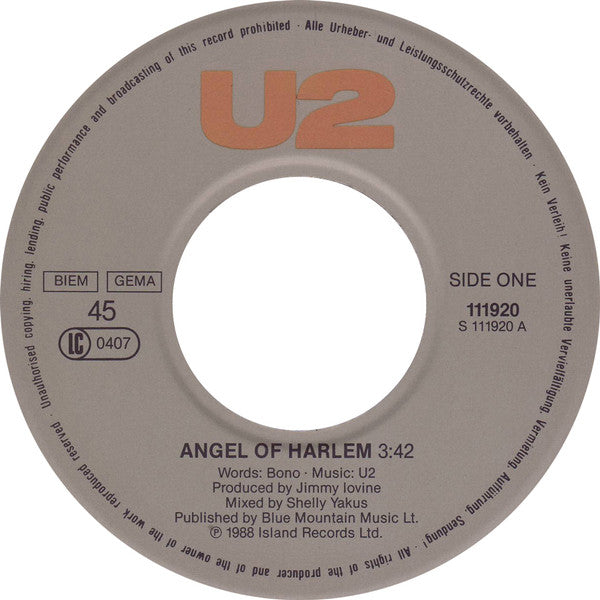 U2 : Angel Of Harlem (7", Single)