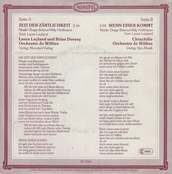 Orchester Jo Willies, Laura Leyland, Brian Dorsey (2), Chinchilla (10) : Zeit Der Zärtlichkeit (7", Single)