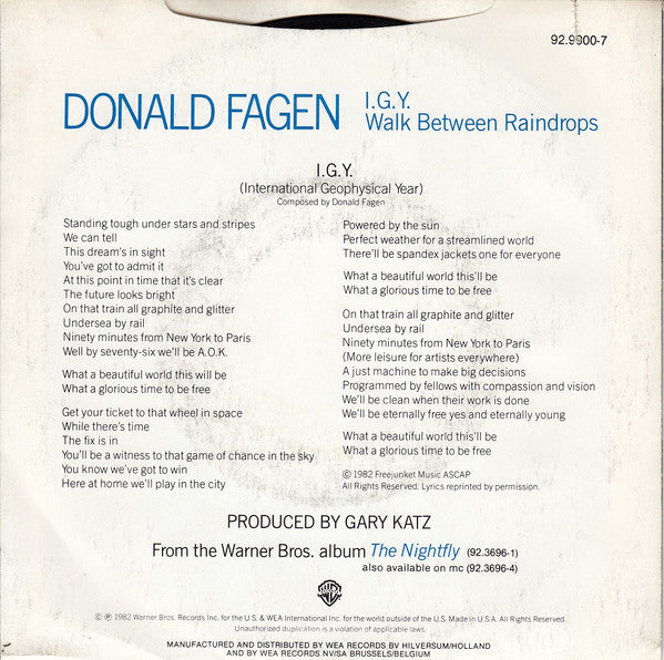 Donald Fagen : I.G.Y. (7", Single)
