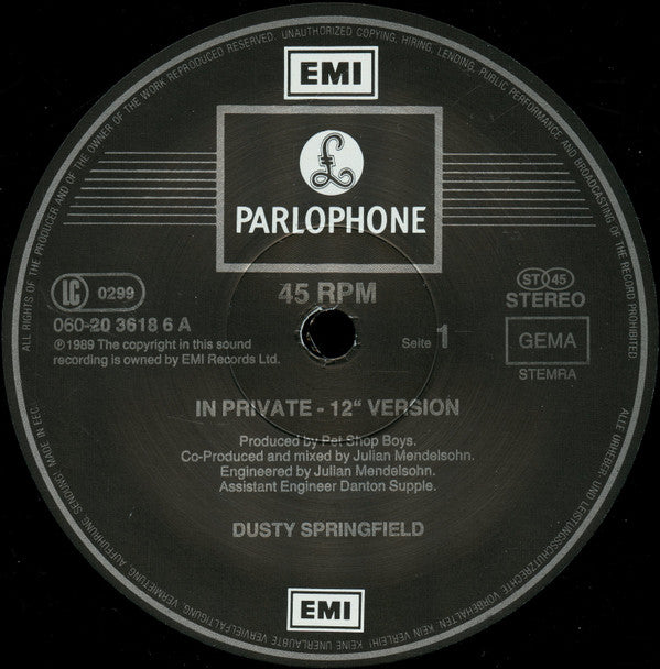 Dusty Springfield : In Private (12", Maxi)