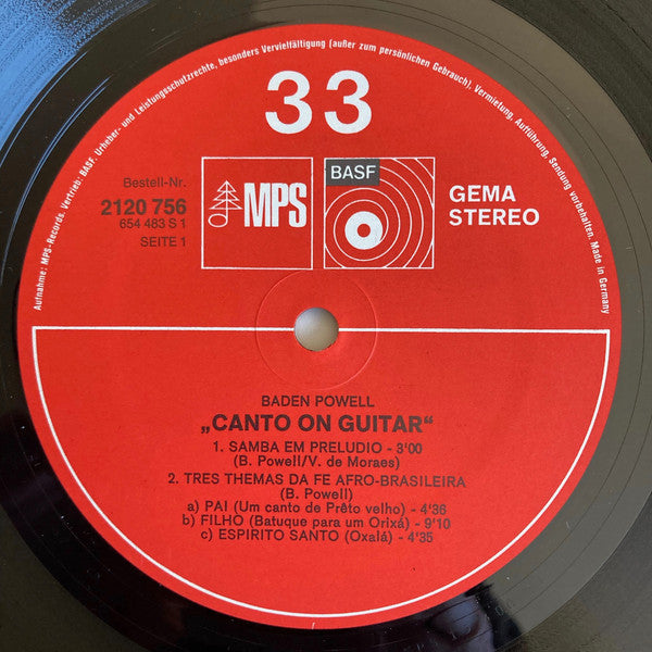 Baden Powell : Canto On Guitar (LP, Album, Gat)