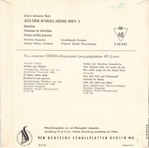 Dresdner Kreuzchor - Johann Sebastian Bach : Aus Der H-Moll-Messe BWV 232 (7", Mono)