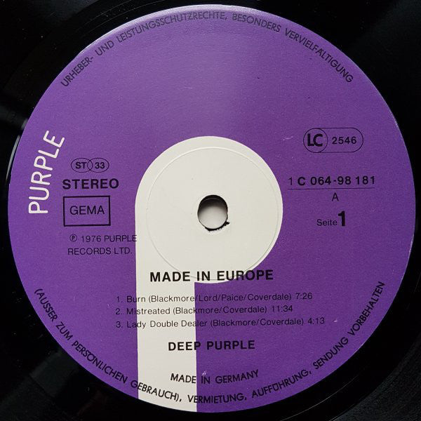 Deep Purple : Made In Europe (LP, Album, Gat)