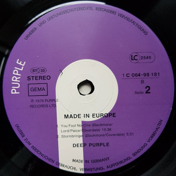 Deep Purple : Made In Europe (LP, Album, Gat)