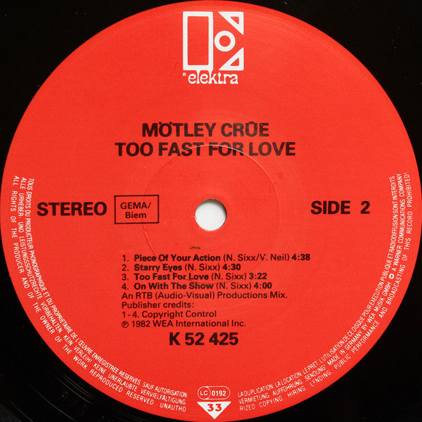 Mötley Crüe : Too Fast For Love (LP, Album, RE, RP)