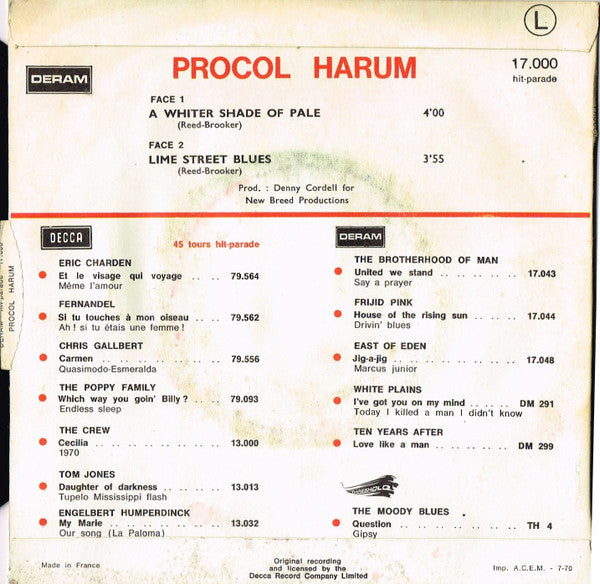 Procol Harum : A Whiter Shade Of Pale (7", Single, RE, Pri)