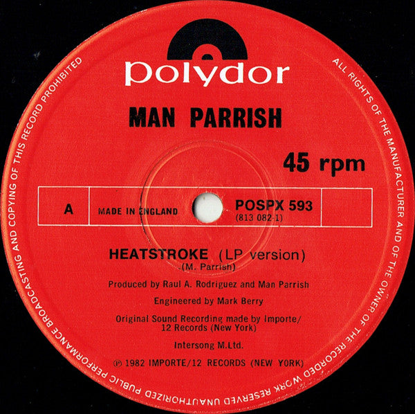 Man Parrish : Heatstroke (L.P. Version) c/w Man Made (L.P. Version) (12", Single)