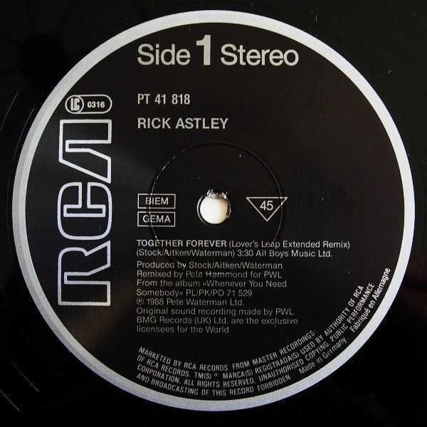 Rick Astley : Together Forever (12", Maxi)