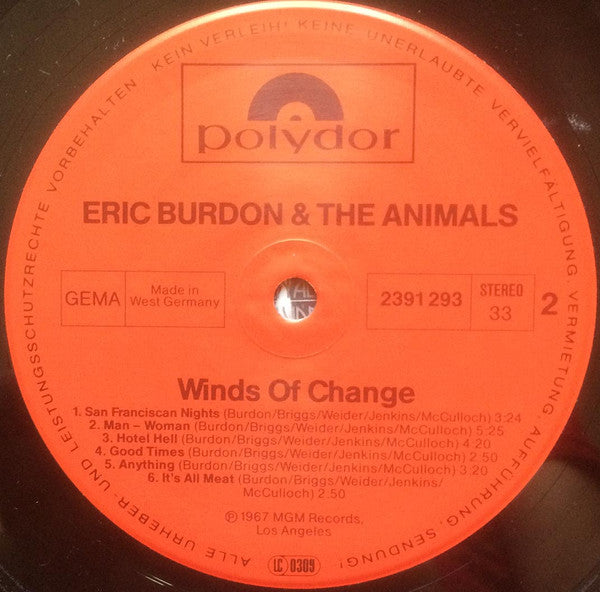 Eric Burdon & The Animals : Winds Of Change (LP, Album, RE)