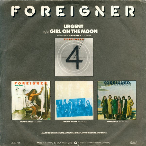 Foreigner : Urgent (7", Single, RP)