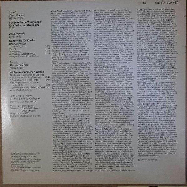César Franck • Jean Françaix • Manuel De Falla - Jutta Czapski, Berliner Sinfonie-Orchester*, Günther Herbig : Symphonische Variationen / Concertino For Piano And Orchestra / Nächte In Spanischen Gärten (LP)