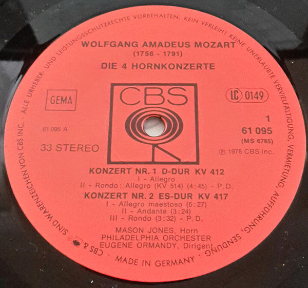 Wolfgang Amadeus Mozart - Mason Jones (2), Philadelphia Orchester* , Ltg. Eugene Ormandy : Die 4 Hornkonzerte (LP)
