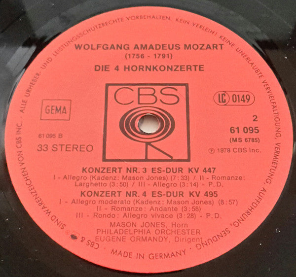 Wolfgang Amadeus Mozart - Mason Jones (2), Philadelphia Orchester* , Ltg. Eugene Ormandy : Die 4 Hornkonzerte (LP)