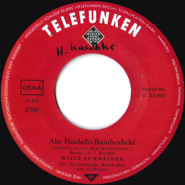Willy Schneider : Aba Heidschi Bumbeidschi / Leise Rieselt Der Schnee (7", Single)