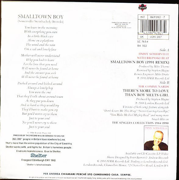 Jimmy Somerville With Bronski Beat : Smalltown Boy (1991 Remix) (7", Single)