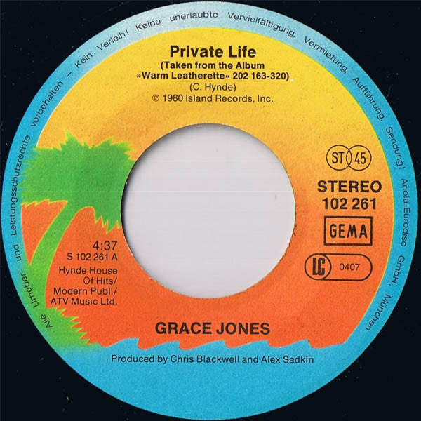 Grace Jones : Private Life / She's Lost Control (7", Single)