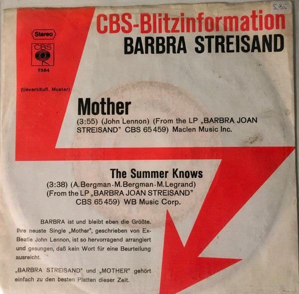 Barbra Streisand : Mother (7", Single, Promo)