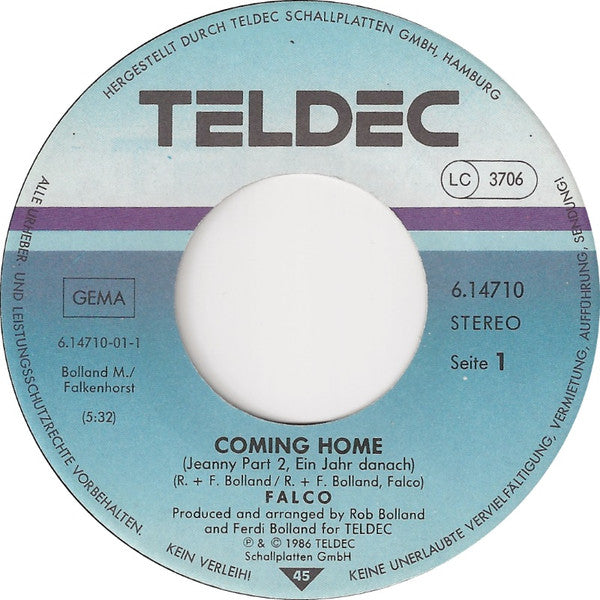 Falco : Coming Home (Jeanny Part 2, Ein Jahr Danach) (7", Single)