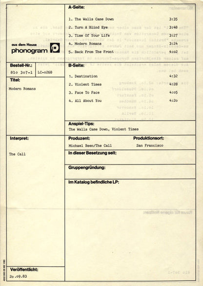 The Call : Modern Romans (LP, Album)