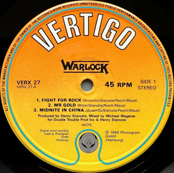 Warlock (2) : Fight For Rock (12", EP, Wit)