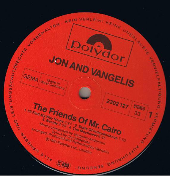Jon & Vangelis : The Friends Of Mr. Cairo (LP, Album, RE)