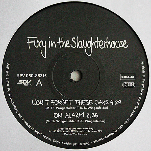 Fury In The Slaughterhouse : Won't Forget These Days (12")