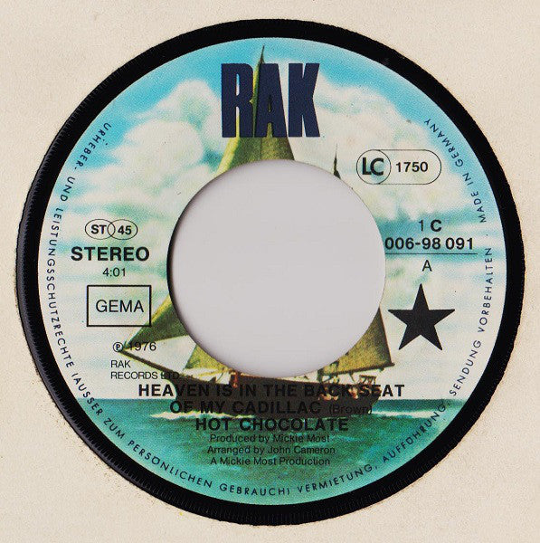 Hot Chocolate : Heaven Is In The Back Seat Of My Cadillac (7", Single)