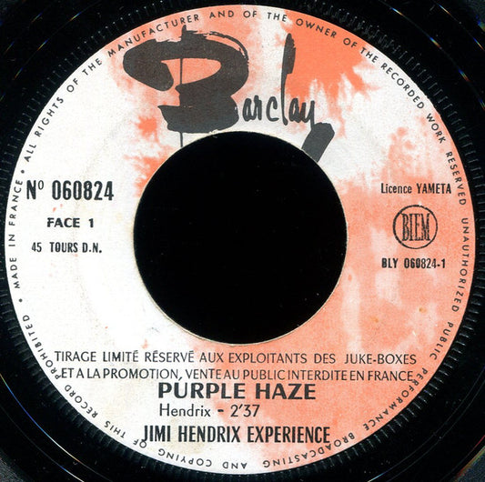 The Jimi Hendrix Experience : Purple Haze  (7", Single, Jukebox, Promo)