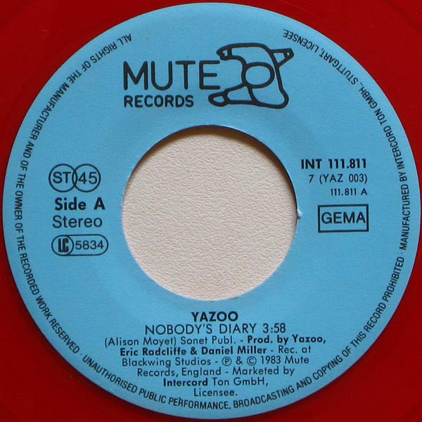 Yazoo : Nobody's Diary (7", Single, Red)