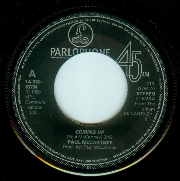 Paul McCartney : Coming Up (7", Single)