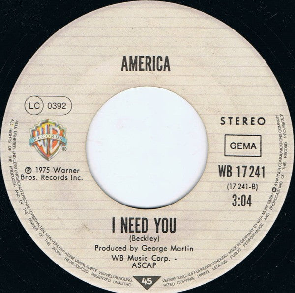 America (2) : A Horse With No Name / I Need You (7", Single)