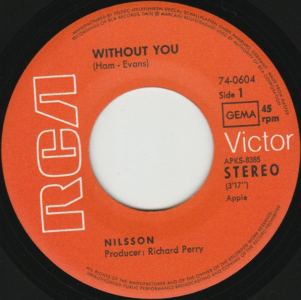 Nilsson* : Without You (7", Single)