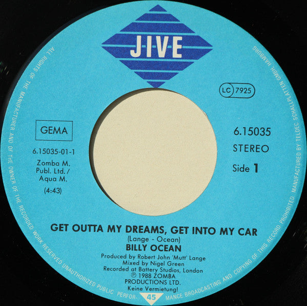 Billy Ocean : Get Outta My Dreams, Get Into My Car (7", Single)