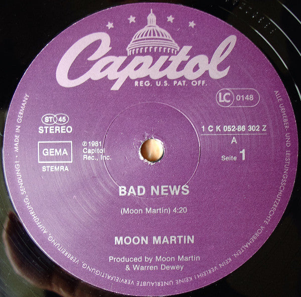 Moon Martin : Bad News (Special Version) (12", Maxi)