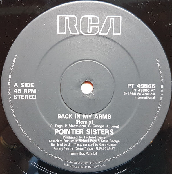 Pointer Sisters : Back In My Arms (12", Single)