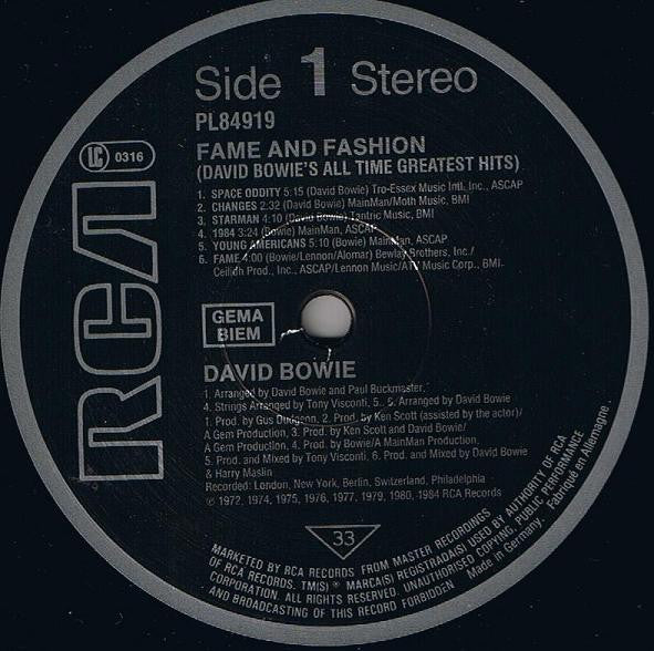 David Bowie : Fame And Fashion (David Bowie's All Time Greatest Hits) (LP, Comp, RM)