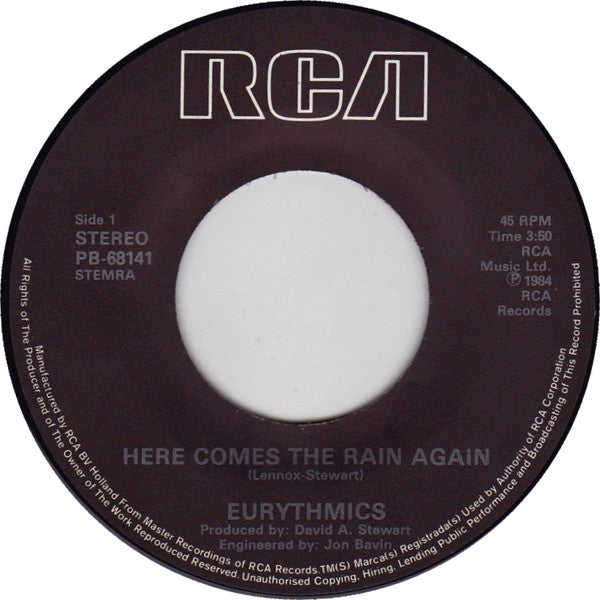 Eurythmics : Here Comes The Rain Again (7", Single)