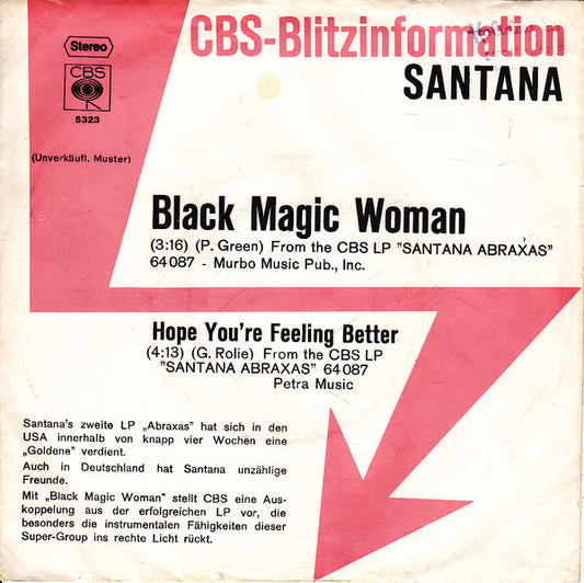 Santana : Black Magic Woman / Hope You're Feeling Better (7", Single, Promo)