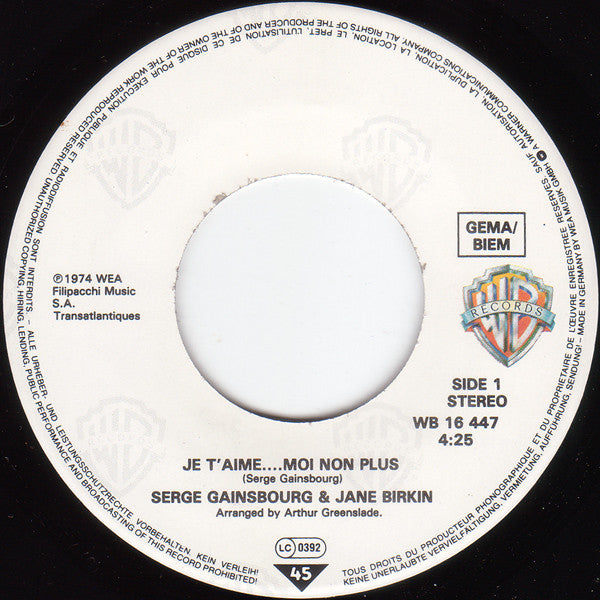 Jane Birkin Avec Serge Gainsbourg : Je T'aime ... Moi Non Plus / Jane B. (7", Single, RE)
