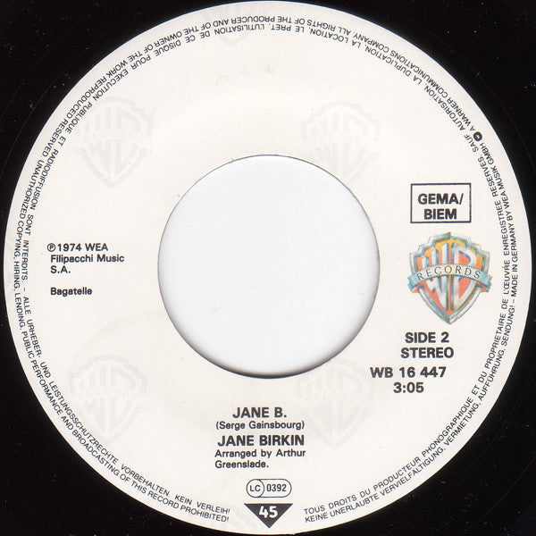 Jane Birkin Avec Serge Gainsbourg : Je T'aime ... Moi Non Plus / Jane B. (7", Single, RE)