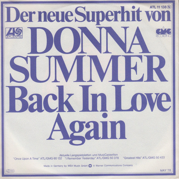 Donna Summer : Back In Love Again (7", Single)