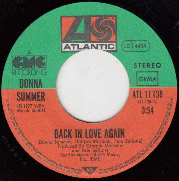 Donna Summer : Back In Love Again (7", Single)
