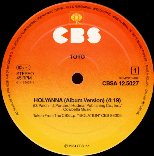 Toto : Holyanna (12", Maxi)