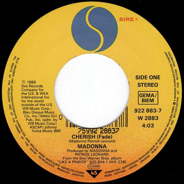 Madonna : Cherish (7", Single, Lar)