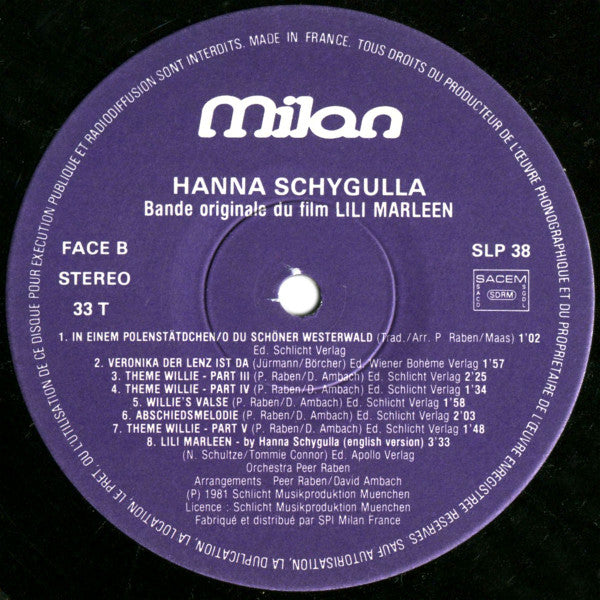 Hanna Schygulla, Orchester Peer Raben : Lili Marleen (Bande Originale Du Film) (LP, Album, Pur)