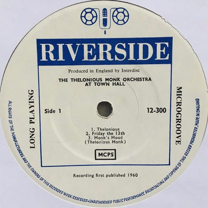 The Thelonious Monk Orchestra : At Town Hall (LP, Album, Mono)